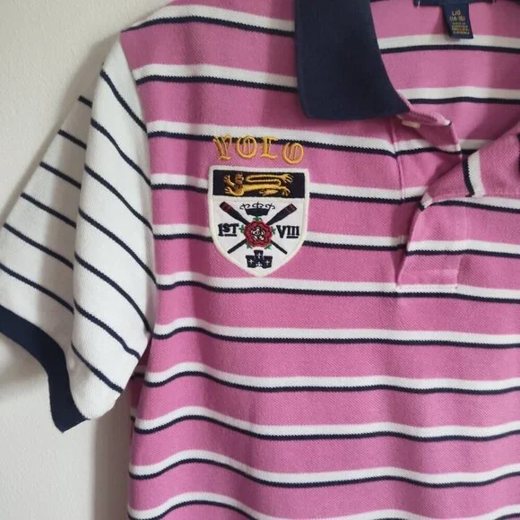 Boys SZ L (14-16) Polo Ralph Lauren Big Pony Navy/Pink Stripe Short-Sleeve Polo - Picture 3 of 5